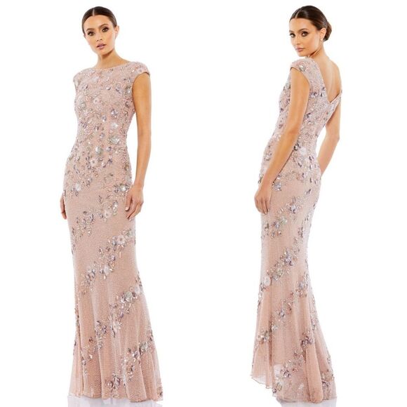 Mac Duggal 5500 Size 14 Floral Embellished Bateau Neck Formal Gown, Nude Silver - Picture 15 of 15